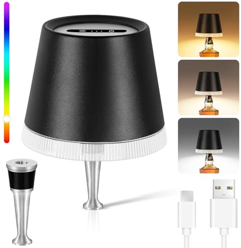 OUTON Flaschenlampe Aufsatz LED Aufladbar mit RGB & 3 Farbtemperaturen, Dimmbares Flaschenlicht mit Touch, 4000mAh Akku, Kabellose Lampe für Flasche mit Lampenschirm, IP54 für Innen/Außen, Schwarz