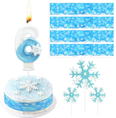 8 Stück Schneeflocke Zahlenkerze 6, Essbares Tortenband Winter