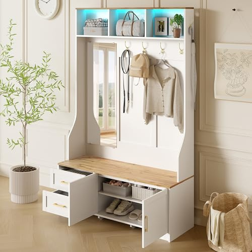 Juabett Garderobe, Flurgarderoben Set mit Schuhschrank, LED-Beleuchtung, Spiegel, Haken & Schubladen, Stylishe Kompaktgarderobe Flurschrank, Dielengarderobe für Eingangsbereich 120X40X187 cm Weiß