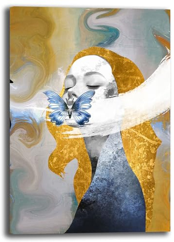 Printerland Quadro Moderno Astratto Donna Volto Ragazza su Tela – Stampa Artistica Oro Gold – Decorazione Parete per Soggiorno, Camera da Letto, Ufficio (10, 50x70 cm, Canvas intelaiato)