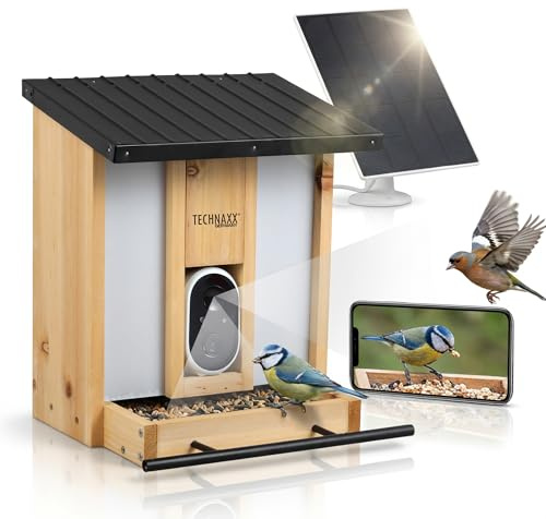 Technaxx WLAN Vogelfutterhaus mit Kamera – 3MP HD Vogelhaus mit Solarpanel, App-Steuerung, Nachtsicht, Bewegungserkennung, Holz-Futterspender, MicroSD - TX-384