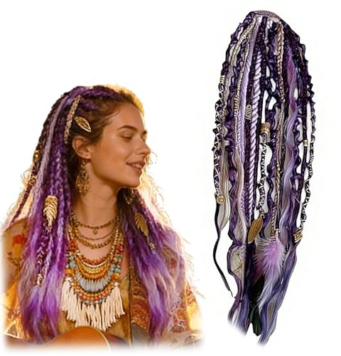 22-Tums Elastisk Dread Hästsvans Hårförlängning, Boho Dreadlock Extension med Handgjorda Pärlor, Snabb Monterad för Festival, Resa & Dagligt bruk(Purple)
