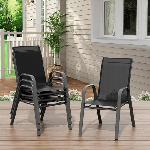 GarveeMore Gartenstühle 4er Set, Stapelbarer Gartenstuhl aus Textilene, Wetterbeständig und Schnelltrocknend, Terrassenstuhl Gartensessel bis 150 kg Belastbar für Garten Balkon Terrasse Outdoor