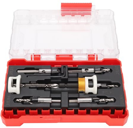 PolyGen Kit de avellanador de tornillos, juego de 8 piezas de puntas de avellanador de madera con tope de profundidad ajustable y vástago hexagonal, 5 puntas HSS de 1/8 a 3/16