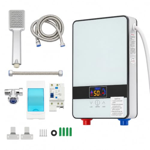 Oxylonty Calentador de agua instantáneo 6500 W 220 V con ducha de mano, mini calentador de agua para cocina y baño, calentador de agua eléctrico sin depósito con pantalla táctil LED