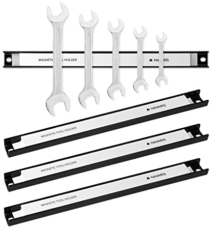 Navaris Set of 4 Magnetic Tool Holder Rack - 12 Inch Heavy Duty Garage Wall Holder Strip for Tools - Tool Bar with Magnet for Screwdriver, Wrench