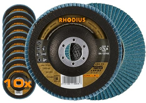 RHODIUS LSZ F3 Fächerschleifscheibe, 125 mm, K60, 10 Stück, ALPHAline | Made in Germany, Zirkonkorund, gute Zerspanungsleistung, gute Standzeit, für Winkelschleifer, vibrationsarm