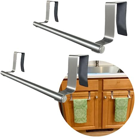 Evelots Towel Hook, Bar Over Cabinet Door - Kitchen, Bathroom - 2 Pack- Hand, Dish Towel Rack Holder - Inside or Outside Door - Brushed Stainless Steel - No Rust - No Scratch - No Installation