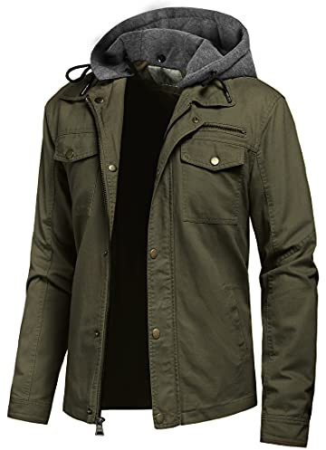 Pursky Men's Spring Fall Casual Windbreaker Army Jacket Cargo Cotton Hooded Military Bomber Coat L Army Green
