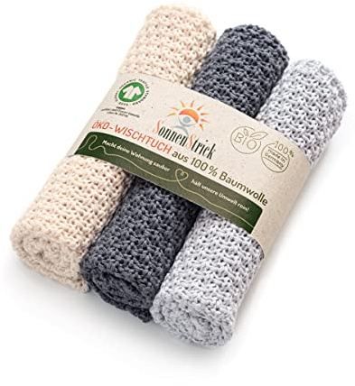 3er Set Nachhaltige Putzlappen Wischtücher Staubtücher aus 100% Bio Baumwolle kba gestrickt made in Germany (natur grau silber, 25 x 25 cm)