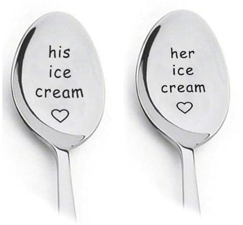 His and Her Ice Cream Spoons for Couples, Boyfriend Girlfriend Birthday Wedding Anniversary Christmas Gifts for Wife Husband Stainless Steel Couple Engraved Spoon Set 2Pcs