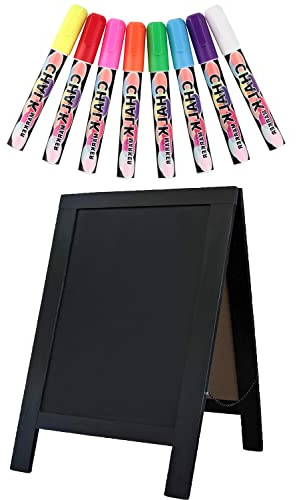 Rustic Whitewash Double Sided Chalkboard with 8Pcs Liquid Chalk Markers, 7.5*8.6 Tabletop Stand, Small Countertop Chalkboard Easel for Menu, Kitchen, Restaurants, Bar, Wedding and Home Decor (Black)