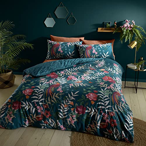 Catherine Lansfield Bedding Tropical Floral Birds King Duvet Cover Set with Pillowcases Green