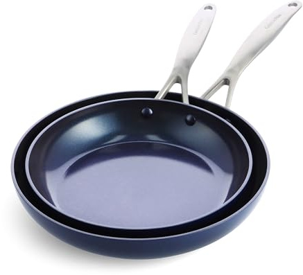 GreenPan Performance Pro Bratpfannen-Set, Keramik, antihaftbeschichtet, 25,4 cm und 30,5 cm, ungiftig, PFAS-frei, spülmaschinen- und ofenfest, wackelfrei, blau