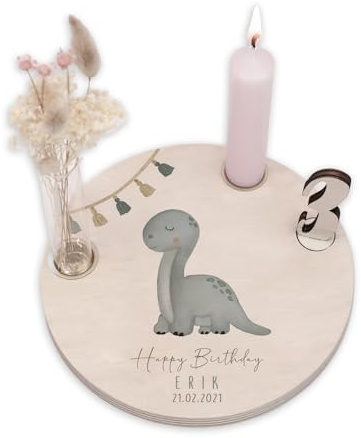 Personalisierter Geburtstagsteller aus Holz mit Kerzenhalter, Vase & Jahres Zahlen - Geburtstagsdeko mit Name - 1. Geburtstag Baby & Kinder Geschenk - ⌀16 cm x 12mm - hellomini (Dino)