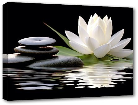 LZIMU Zen Canvas Wall Art White Lotus and Black Zen Stones Bloom in Water Picture Prints for Yoga Spa Meditation Spiritual Room Bathroom Decor (Zen-1, 30.00 x 45.00 cms)