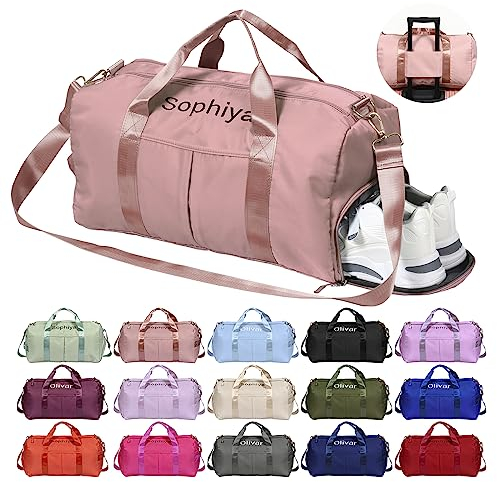 Personalisiert Sporttasche Damen, Wasserdicht Gym Bag mit Sporthandtuch OXYEFEI Embroidery Namen Klassische Sporttaschen Faltbare als Groß Mommy Bag Schwimmtasche Fitness für Damen Mama (Rosa)
