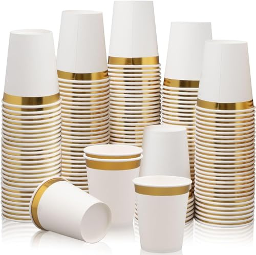 Malloom 200 Pack Gold Rimmed Paper Cups Bulk 9oz Disposable Party Cups Drinking Cups for Tea Coffee Water Milk Juice Paper Cup Party Wedding Birthday Drinking Cup Party Tableware Supplies