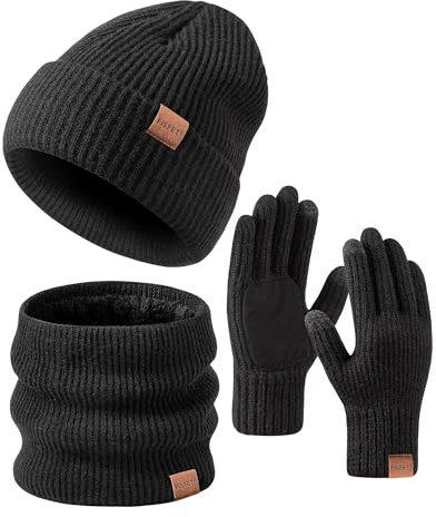 FISFET Mütze, Schal & Handschuh-Sets für Herren Damen, Strick Gefüttert Beanie Mütze Winter Touchscreen Handschuhe Schal Wärmer für Kaltes Wetter 3-in-1 Geschenk Set für den Winter(Kohlen Schwarz)
