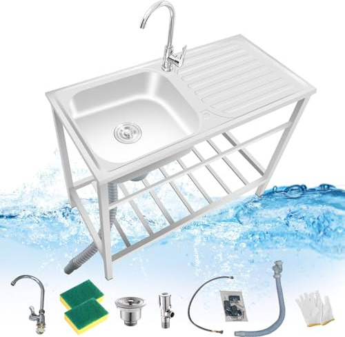 Edelstahl Spültisch Spülbecken Küche Mit Wasserhahn Und Schwammbürste Spüle Freistehend Mit Werkbank Und Ablagefächern Outdoor Spüle Für Garage Restaurant Waschküche (Size : 75x40x75cm)