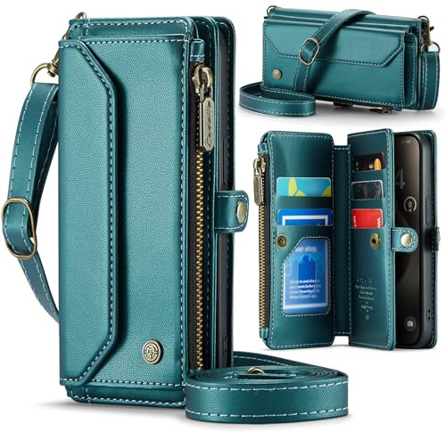 Unichthy For iPhone 15 Case for Women with Crossbody Strap + Wrist Strap Shockproof Premium Leather Flip Wallet Handbag Zip Purse 5 Card Slots Clutch Bag for iPhone 15 Green