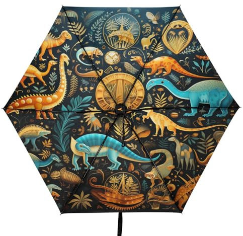 Linnyio Dinosaurier Cartoon Kunst Taschenschirm, UV-Schutz, Kompakter Reiseschirm, Sonnenschutz für Jungen und Mädchen