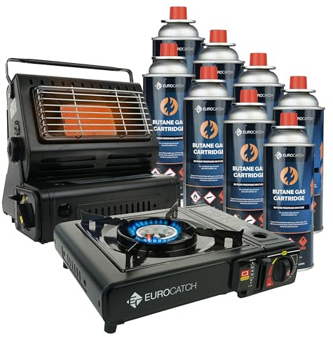 Eurocatch Poêle à gaz et poêle à gaz - Set de camping - incl. 8 cartouches de gaz - Réchaud à gaz - Poêle à gaz - Chauffage