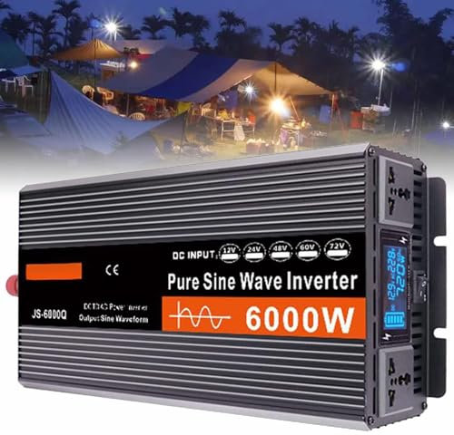 Dfdieratve Inverter a Onda Sinusoidale Pura da 6000 W, 12 V - 60 V DC a 110 V/220 V AC per Camper, Camion, Inverter di Potenza per Auto Solare Fuori Rete a Convertitore con Doppia Presa AC,12V