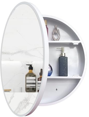 Janboe Armoire à pharmacie ronde avec miroir, cadre en aluminium, charnière à fermeture douce, 61 cm, blanc