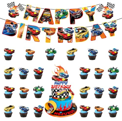 26 Stück Hot Wh els Tortendeko Jungen, Hot Whels Kuchen Deko rgeburtstag | Happy Birthday Banner, Rennwagen Tortendeko, Cupcake Topper, Happy Birthday Topper für Kinder Geburtstag Party