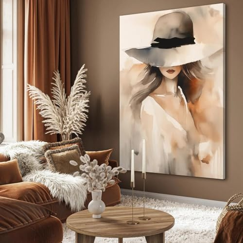 Rumlly Abstraktes Porträt-Wandbild, Frau mit Hut, Leinwandgemälde, Posterdruck, Wandkunstbild für modernes Zuhause, Wohnzimmerdekoration, 70 x 100 cm, rahmenlos
