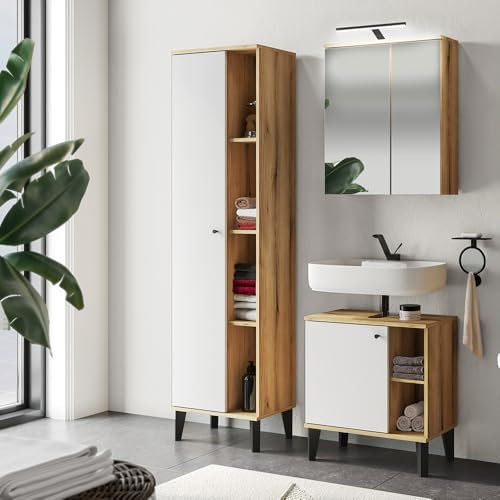 Lomadox Badmöbel-Set 3-teilig mit Waschbeckenunterschrank 60 cm, LED-Spiegelschrank, in Eiche und weiß, modern