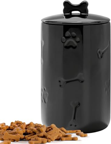 Dog Treat Container Airtight - 9x5 Ceramic Big Treats Jar with Lid(Black) | Large Capacity Doggie Cookie Jar for Countertop, Airtight Lid Keep Food Fresh, Sturdy Durable, Cute Prints and Bone Handle