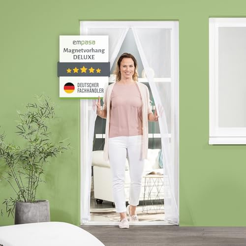 empasa Fliegengitter Tür Magnet Fliegenvorhang DELUXE | für Terrassen- und Balkontür, 26 starke Magnete, selbstschließend, Farbe:Insektenschutz | weiß, Größe:90 x 210 cm