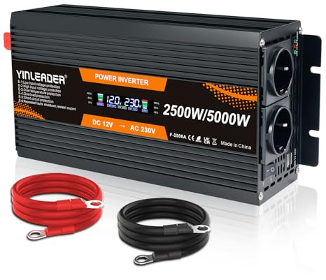 Yinleader Convertisseur 12V 220V 2500W /5000W Convertisseur de Puissance Ecran LCD 2 Prises AC pour Panneau Solaire Voiture VR