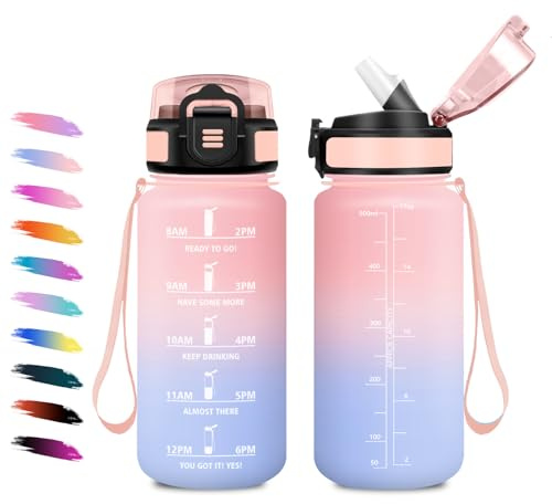 Gourde 500ml, Bouteille d'eau Enfant avec Paille, Bouteille d'eau Marqueur de Temps, Étanche et Réutilisable, Gourde Motivation pour Enfant, Voyage, Extérieur, Camping, Cyclisme, Bureau, Fitness