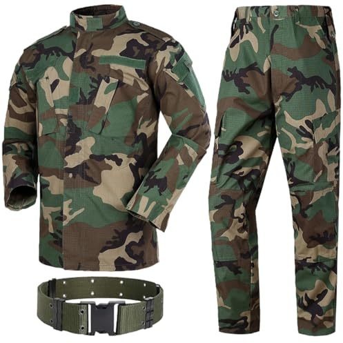 Men Tactical BDU Combat Uniform Jacket Shirt & Pants Suit for Army Military Airsoft Paintball Hunting Shooting War Game Woodland