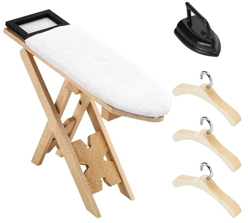 Miniatura accesorios de géndulo, plancha en miniatura con tabla de planchar y 3 piezas de madera en miniatura, accesorios para casa de muñecas, muebles para decoración de casa de muñecas
