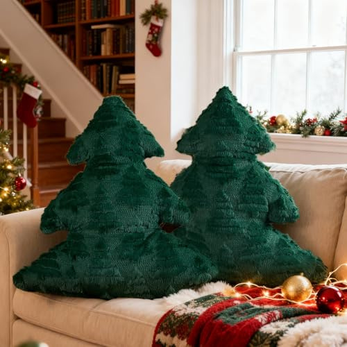 Lanpn 2 Stück Weihnachtsbaum Kissen Weihnachtskissen, Baum Weihnachts Kissen Dekokissen Flauschiges Zierkissen für Party Bett Sofa Couch Weihnachtsdeko (Grün, 40,5x45,5cm)