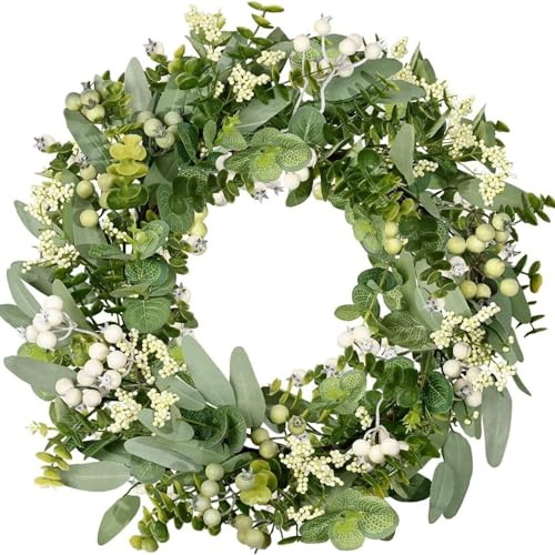 Eucalyptus Wreath, 18 Inch Spring Wreaths for Front Door, Hanging Front Door Wreath, Green Leaf ＆ White Berry Artificial for Party Decor, Eucalyptus