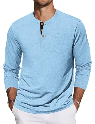 TARAINYA Henley Langarmshirt Herren Baumwolle T-Shirt M-4XL | 95%Baumwolle 5%Spandex, Longsleeve, Brusttasche, Einfarbig, Kontrast‑Knopfleiste, Regular‑Fit