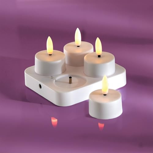 Coopers of Stortford - Set of 4 Rechargeable LED Tealight Candles with Flickering Flame Effect - Includes Charging Base and 1m USB Cable - Battery Free