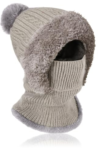 AYPOW Strickmütze Damen Thermo Winter, Multifunktional Warme Beanie Mützen Strickmütze & Halswärmer Sets, Sturmhaube Gesichtsmaske mit Weich Fleece Gefüttert für Outdoor-Sportarten Frauen Männer