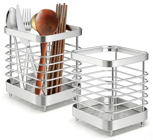 LZYDKH Utensil Holder, 2 PCS Anti-Rust Cutlery Storage Rack Cutlery Holder Drainer Stainless Steel Sink Cutlery Drainer Utensil for Knives, Forks and Spoons