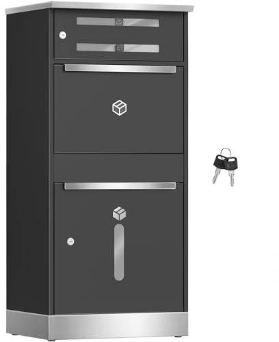 Hzuaneri Cassetta delle Lettere Grande Capacità per Pacchi, Cassetta Postale da Terra con Scomparto per Pacchi e Serratura a Combinazione, Acciaio Verniciato e Inox, 51x40x110cm, Grigio MB10199GR