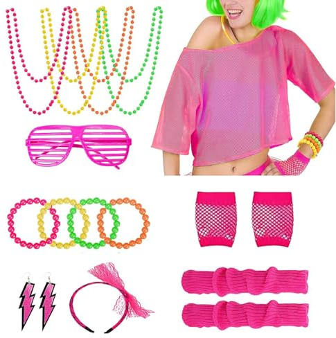 Set med neon fiskenätfärgade accessoarer från 80-talet 90-talet, komplett set med huvudbonad, lårband, armband, glasögon, halsband och örhängen för temafester, karneval, retrokostym, Allgemeines für