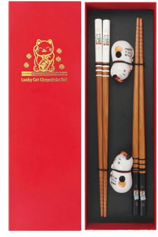LUDHEP 2 Paia di Bacchette per Sushi, acchette Di Legno Riutilizzabili con Portabacchette Gatto della Fortuna, Confezione Regalo, per Cucina Sushi e Regali