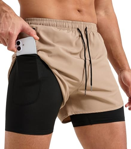 Curluriy Hombre Pantalones Cortos Deportivos 2 en 1 Running Shorts | Secado Rápido,Ligero,Cintura Elástica,Cordón Ajustable,con Bolsillo Cremallera,para Entrenamiento,Fitness Gimnasio,Gym