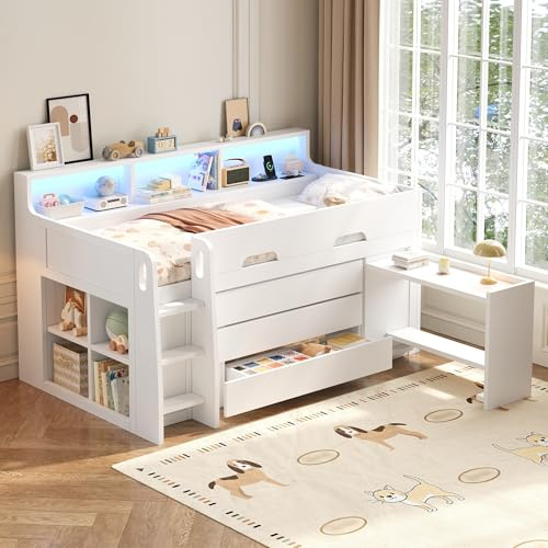 BTM Holz Niedriges Hochbett 90x200 mit Ausziehbarer Schreibtisch, Schubladen & LED Kinderhochbett mit Stauraum, Weiß