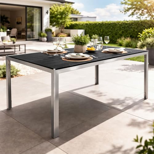 Mojawo Aluminium Gartentisch Silber/Schwarz Esstisch Gartenmöbel Tisch Non Wood Holzimitat wetterfest 150x90x74cm